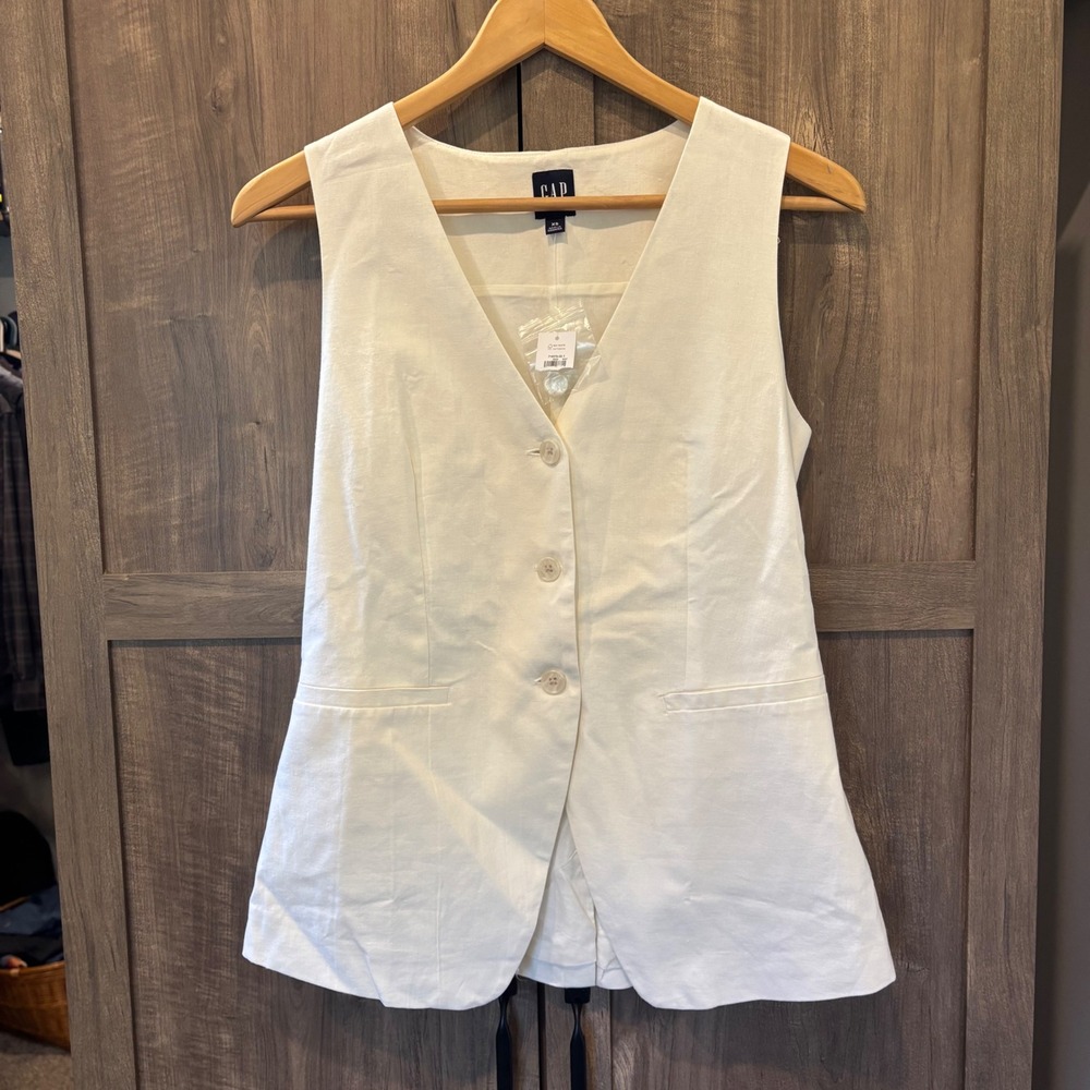 NWT Gap Womens Linen Blend Tailored Vest Off White Cream V-Neck Button Up XS